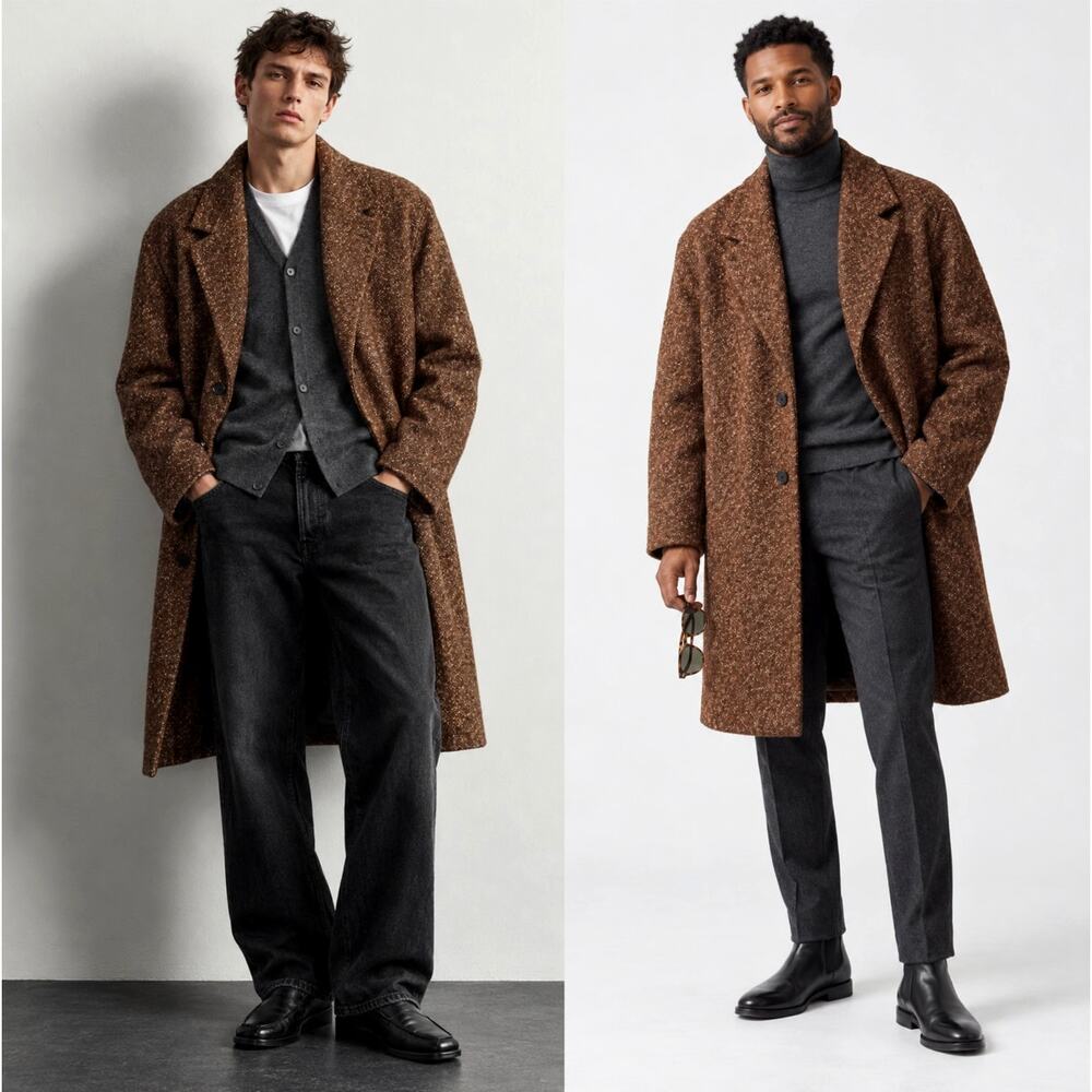 Zara Man XL Tweed Coat $229 Long Wool Blend Jacket Button Front Brown Wide Lapel